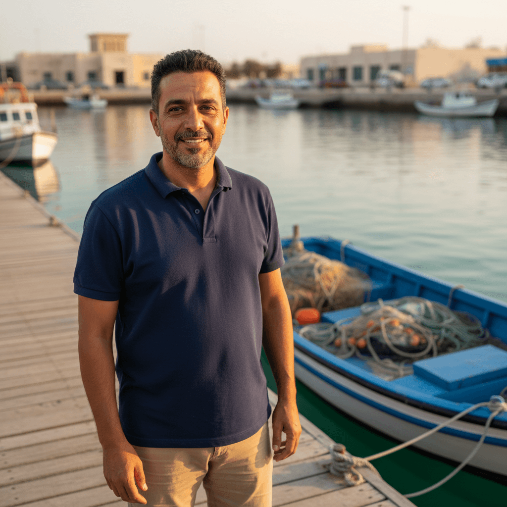 Captain standing beside his boat at a marina